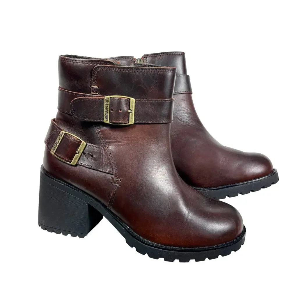 Harley Davidson Women's Brown Lalanne Double Strap Motorcycle Boots Block Heel 7 - Picture 2 of 9